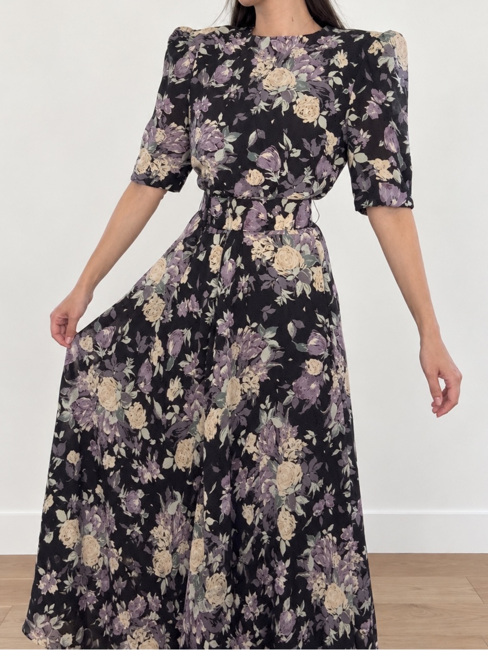 Vintage Late 80s / Early 90s E.D. Michaels Floral Belted Midi Dress
